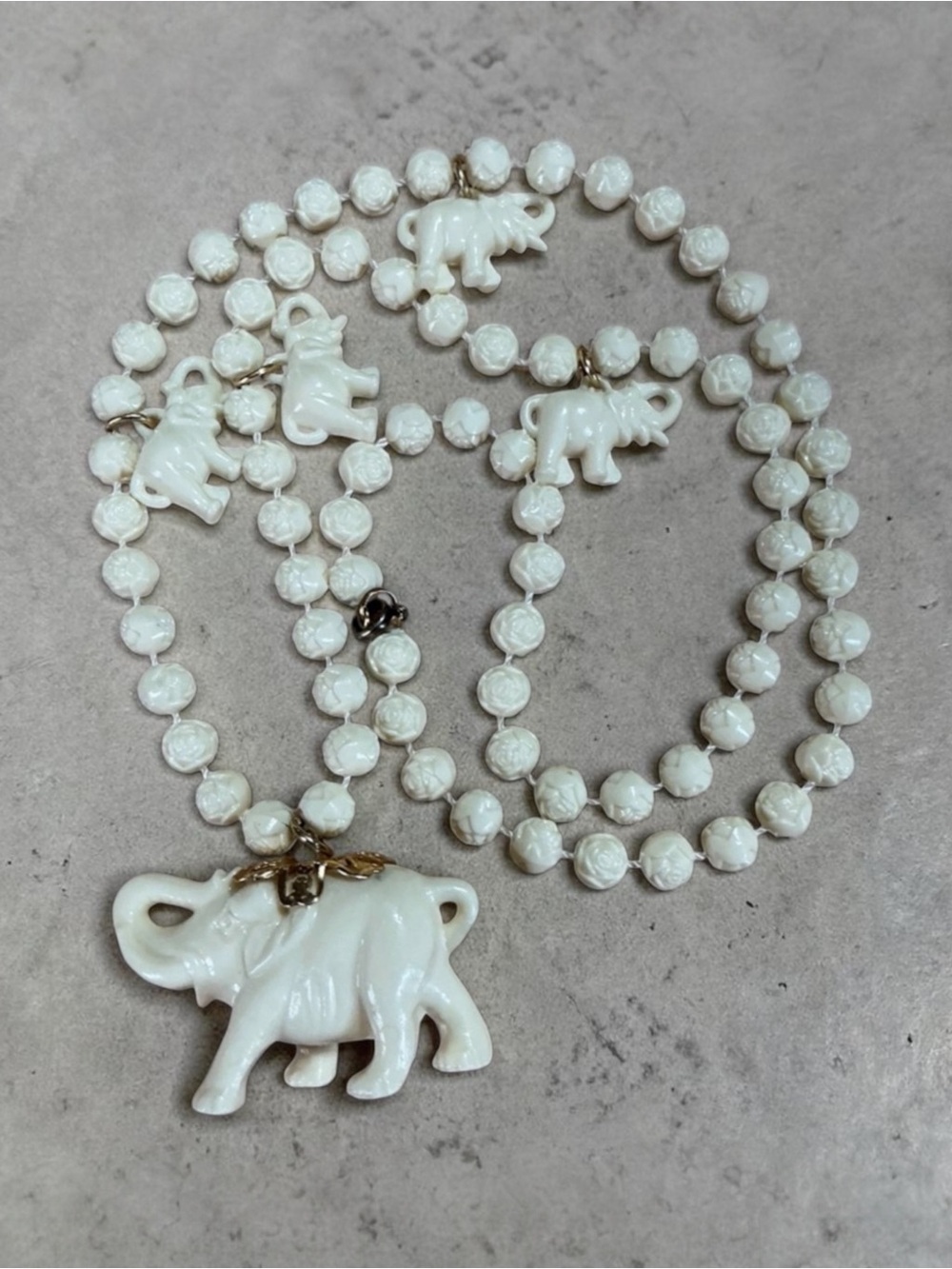 Vintage Plastic Elephant and Rose Beaded Faux Ivory Long Necklace